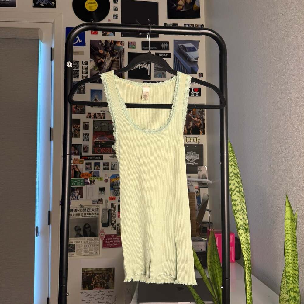 Merona Vintage 00s Ribbed Lace Trim Tank Top Light Green S